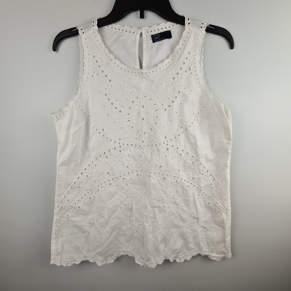 Gap Womens White Cotton Eyelet Lace Sleeveless Tank Top Scalloped Hem Small